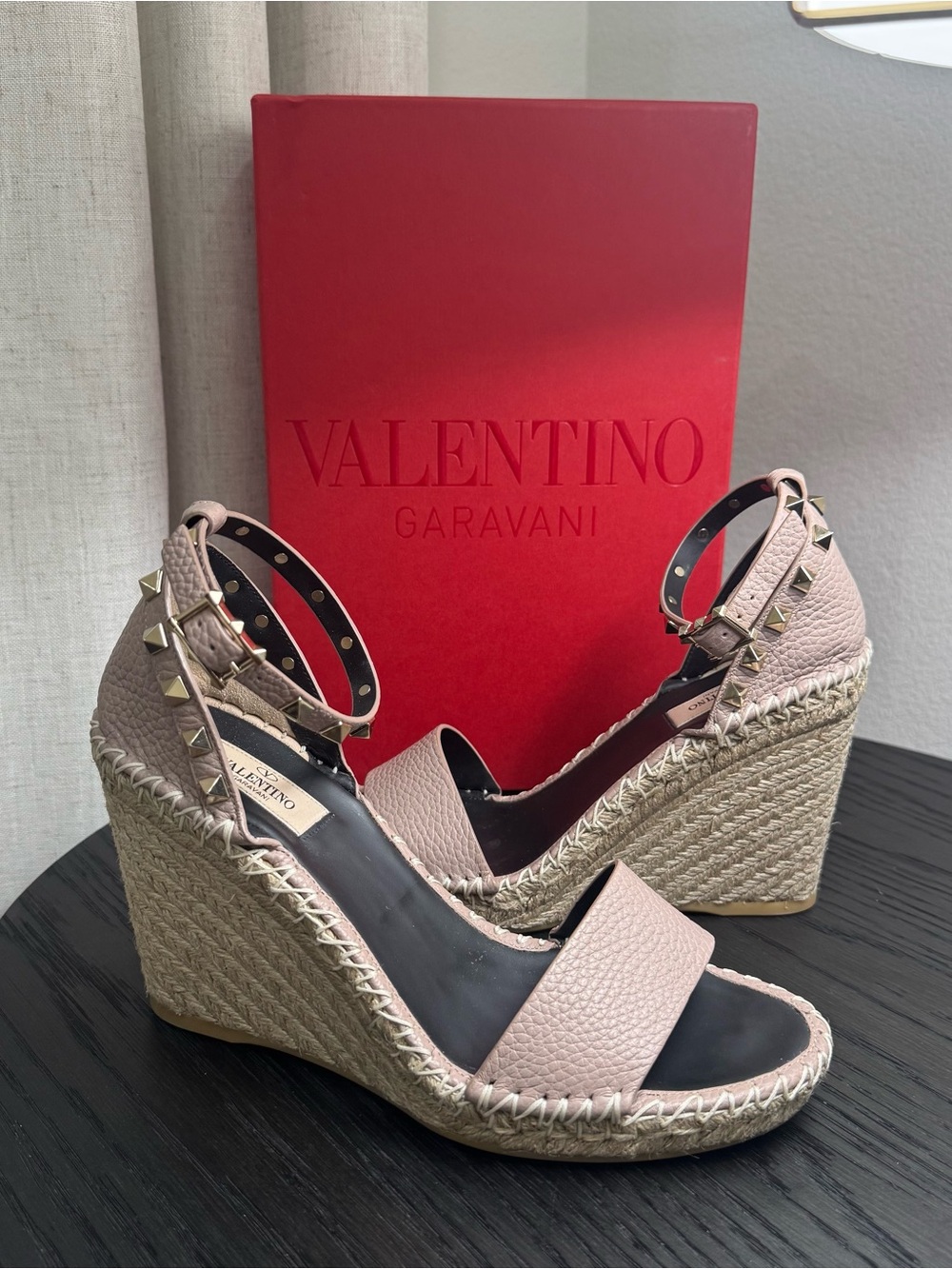 Valentino Garavani Rockstud Espadrille Wedge Sandals Nude 39